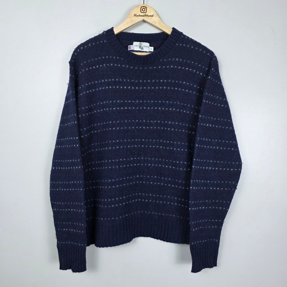 East Ender Vintage Mens XL Shetland Wool Crew Neck Sweater Navy Blue Made in USA